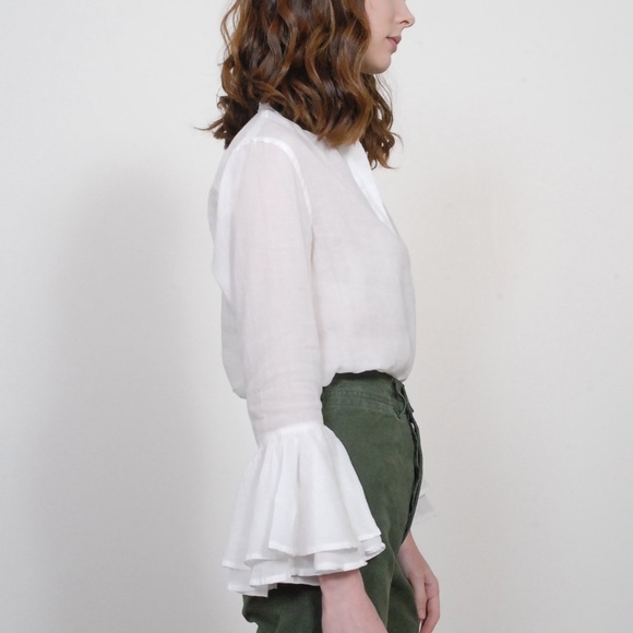 White Ramie + Cotton Bell Sleeve Victorian Boho Blouse S - Picture 3 of 11